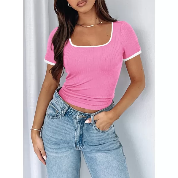 imagePRETTYGARDEN Womens Summer Short Sleeve T Shirts Ribbed Knit Square Neck Color Block Slim Fitted Basic Casual Tops BlousesLight Pink