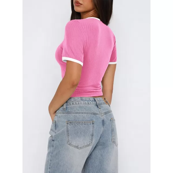 imagePRETTYGARDEN Womens Summer Short Sleeve T Shirts Ribbed Knit Square Neck Color Block Slim Fitted Basic Casual Tops BlousesLight Pink