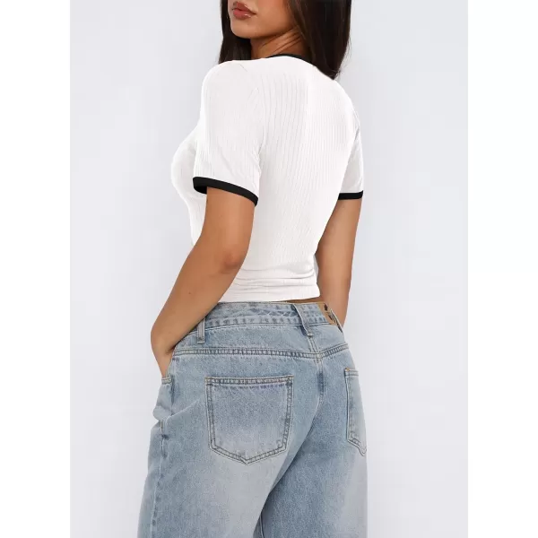 imagePRETTYGARDEN Womens Summer Short Sleeve T Shirts Ribbed Knit Square Neck Color Block Slim Fitted Basic Casual Tops BlousesWhite