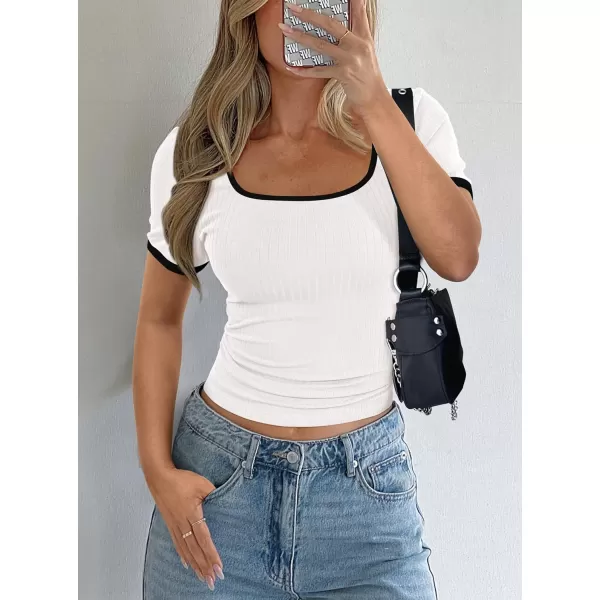 imagePRETTYGARDEN Womens Summer Short Sleeve T Shirts Ribbed Knit Square Neck Color Block Slim Fitted Basic Casual Tops BlousesWhite