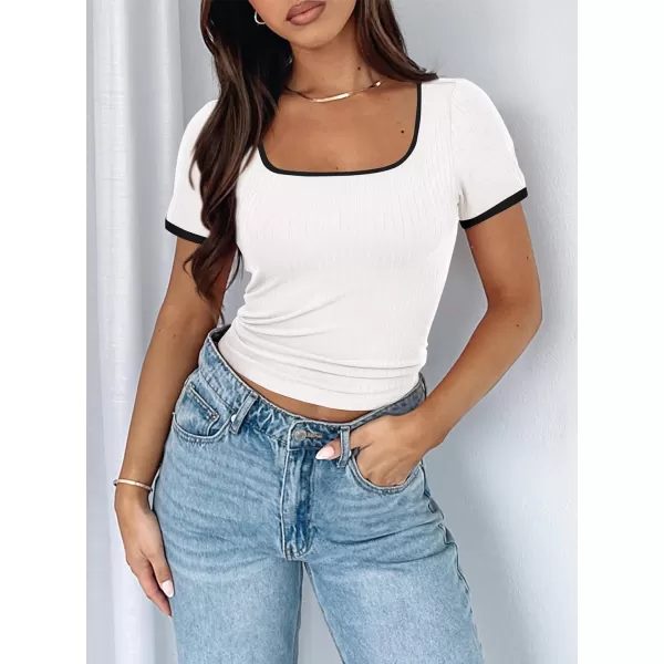 imagePRETTYGARDEN Womens Summer Short Sleeve T Shirts Ribbed Knit Square Neck Color Block Slim Fitted Basic Casual Tops BlousesWhite