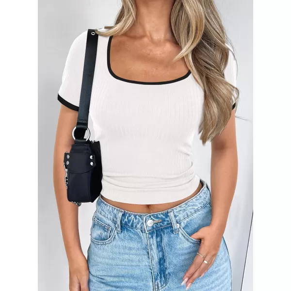imagePRETTYGARDEN Womens Summer Short Sleeve T Shirts Ribbed Knit Square Neck Color Block Slim Fitted Basic Casual Tops BlousesWhite