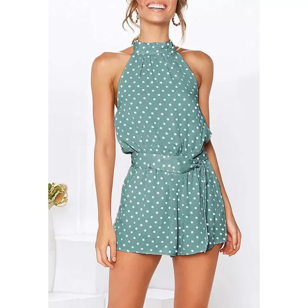 imagePRETTYGARDEN Womens Summer Shorts Romper Casual Sleeveless Halter Neck Polka Dot One Piece Backless JumpsuitsGreen