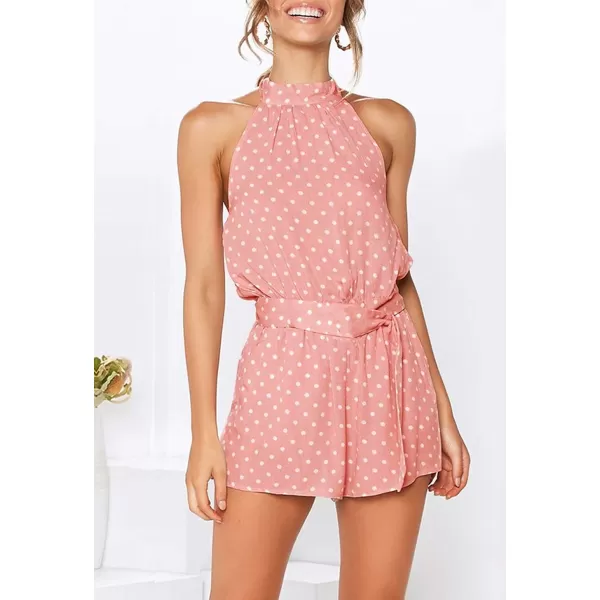 imagePRETTYGARDEN Womens Summer Shorts Romper Casual Sleeveless Halter Neck Polka Dot One Piece Backless JumpsuitsPink