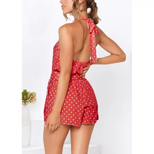 imagePRETTYGARDEN Womens Summer Shorts Romper Casual Sleeveless Halter Neck Polka Dot One Piece Backless JumpsuitsWine Red