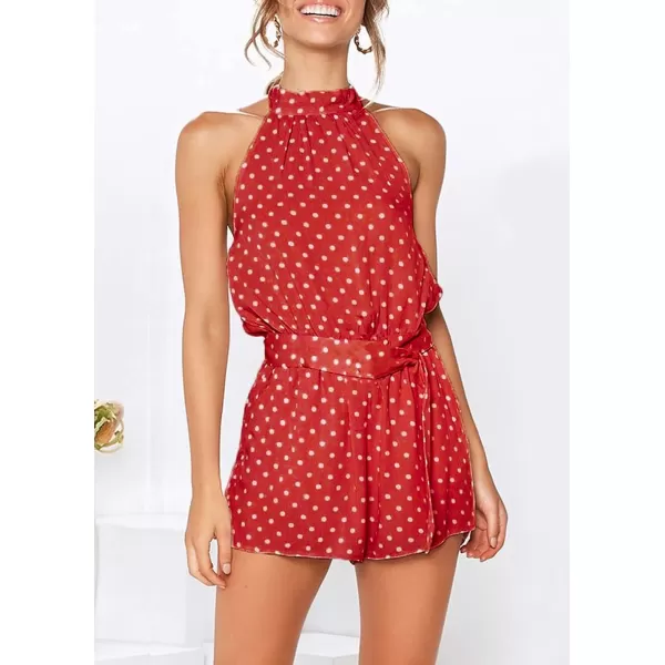 imagePRETTYGARDEN Womens Summer Shorts Romper Casual Sleeveless Halter Neck Polka Dot One Piece Backless JumpsuitsWine Red