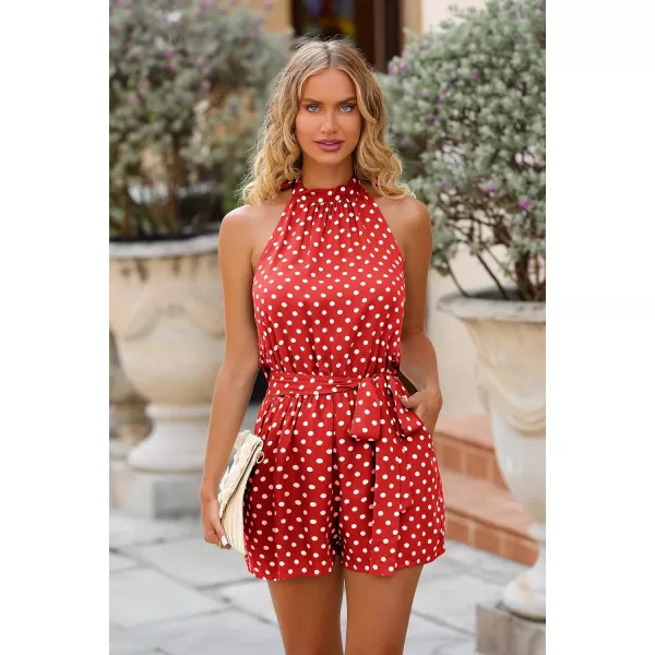 imagePRETTYGARDEN Womens Summer Shorts Romper Casual Sleeveless Halter Neck Polka Dot One Piece Backless JumpsuitsWine Red