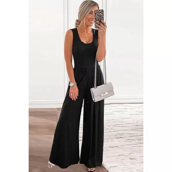 imagePRETTYGARDEN Womens Summer Sleeveless Tank Jumpsuits High Waist Low Cut Casual Scoop Neck Fit And Flare Long Pants RompersBlack
