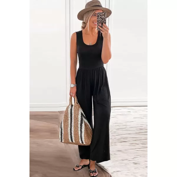 imagePRETTYGARDEN Womens Summer Sleeveless Tank Jumpsuits High Waist Low Cut Casual Scoop Neck Fit And Flare Long Pants RompersBlack