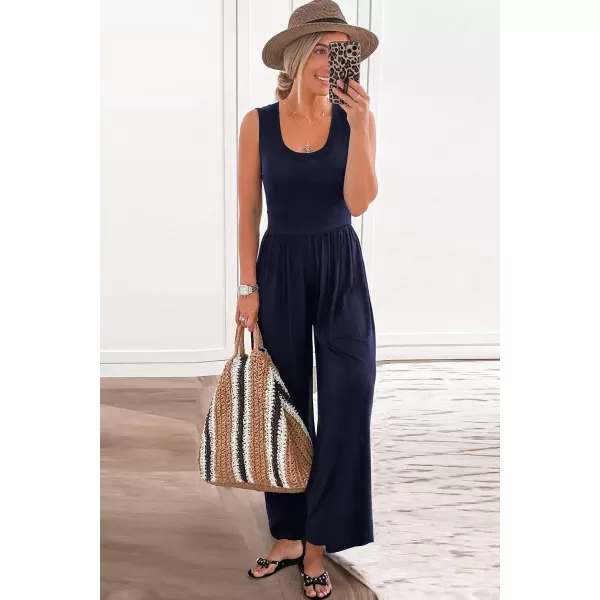 imagePRETTYGARDEN Womens Summer Sleeveless Tank Jumpsuits High Waist Low Cut Casual Scoop Neck Fit And Flare Long Pants RompersNavy