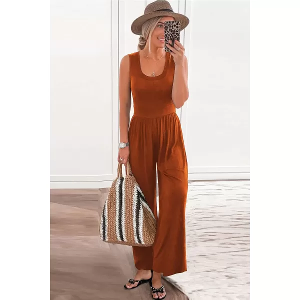 imagePRETTYGARDEN Womens Summer Sleeveless Tank Jumpsuits High Waist Low Cut Casual Scoop Neck Fit And Flare Long Pants RompersOrange Red