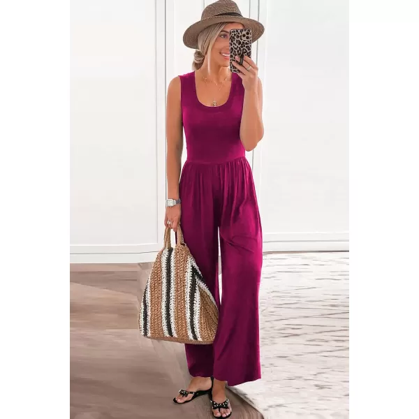 imagePRETTYGARDEN Womens Summer Sleeveless Tank Jumpsuits High Waist Low Cut Casual Scoop Neck Fit And Flare Long Pants RompersPurple Red