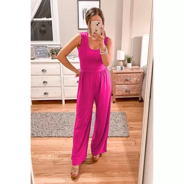 imagePRETTYGARDEN Womens Summer Sleeveless Tank Jumpsuits High Waist Low Cut Casual Scoop Neck Fit And Flare Long Pants RompersRose Red
