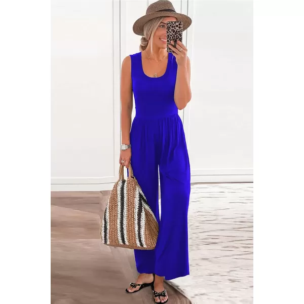 imagePRETTYGARDEN Womens Summer Sleeveless Tank Jumpsuits High Waist Low Cut Casual Scoop Neck Fit And Flare Long Pants RompersRoyal Blue