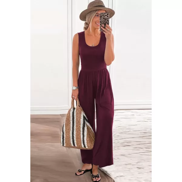 imagePRETTYGARDEN Womens Summer Sleeveless Tank Jumpsuits High Waist Low Cut Casual Scoop Neck Fit And Flare Long Pants RompersWine Red