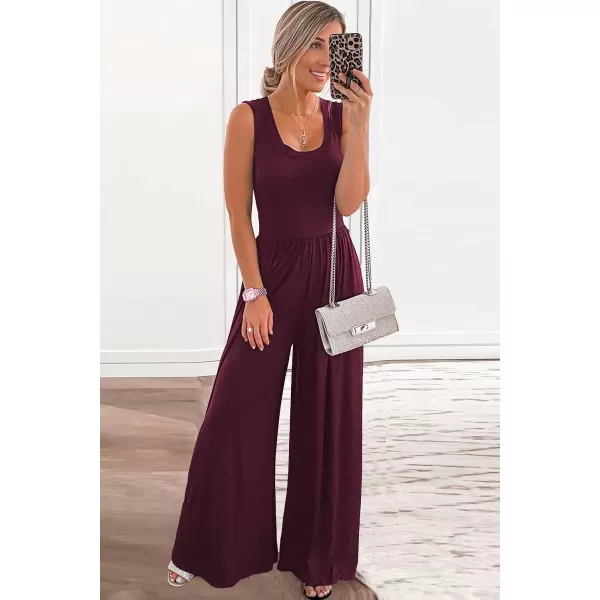 imagePRETTYGARDEN Womens Summer Sleeveless Tank Jumpsuits High Waist Low Cut Casual Scoop Neck Fit And Flare Long Pants RompersWine Red