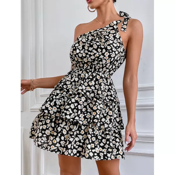 imagePRETTYGARDEN Womens Summer Tie One Shoulder Boho Floral Dress Elastic Waist Tiered Ruffle A Line Flowy Mini DressesBlack Apricot