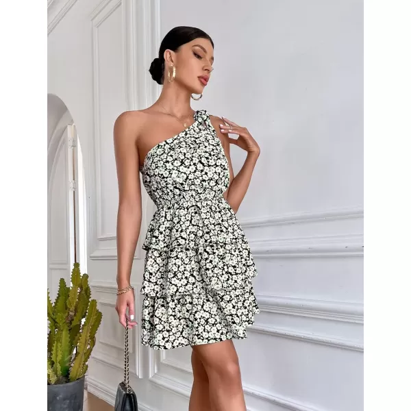 imagePRETTYGARDEN Womens Summer Tie One Shoulder Boho Floral Dress Elastic Waist Tiered Ruffle A Line Flowy Mini DressesBlack White