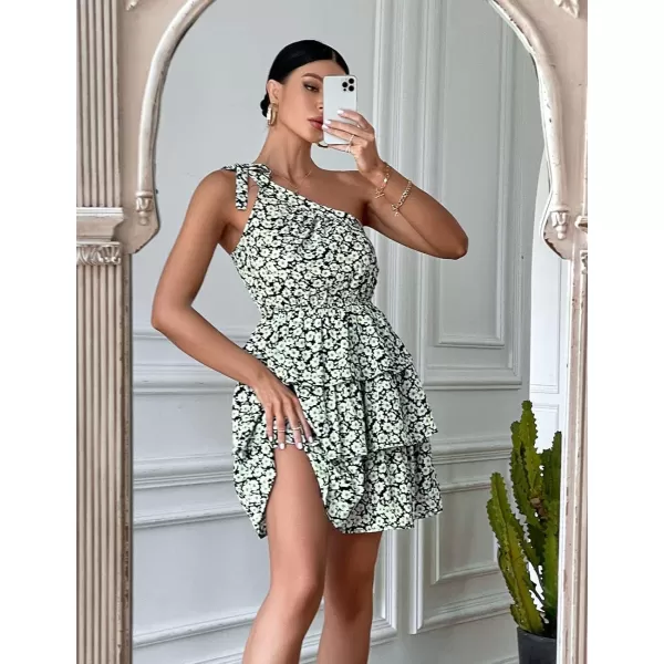 imagePRETTYGARDEN Womens Summer Tie One Shoulder Boho Floral Dress Elastic Waist Tiered Ruffle A Line Flowy Mini DressesBlack White