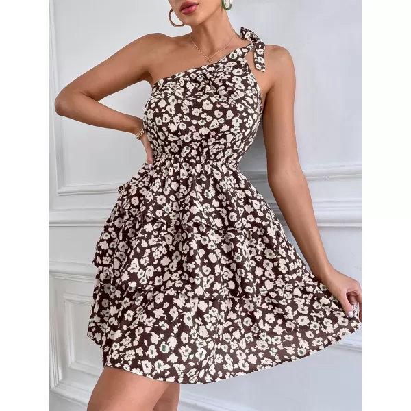 imagePRETTYGARDEN Womens Summer Tie One Shoulder Boho Floral Dress Elastic Waist Tiered Ruffle A Line Flowy Mini DressesCoffee Apricot