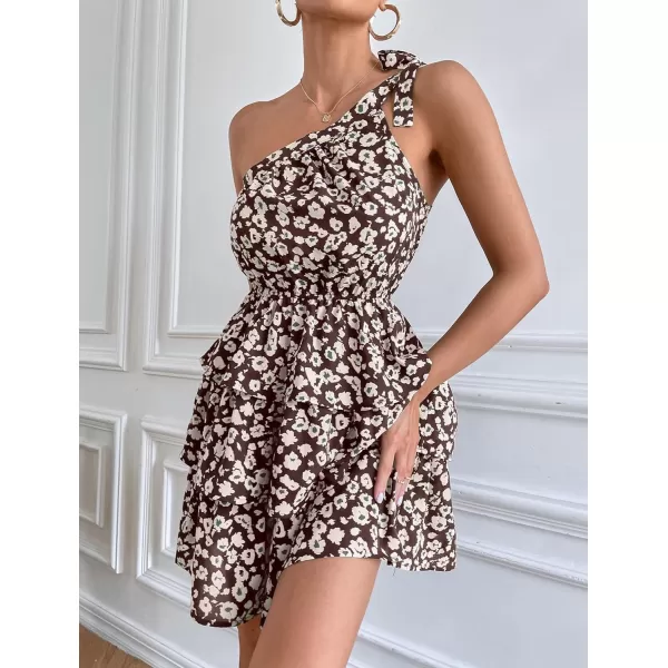 imagePRETTYGARDEN Womens Summer Tie One Shoulder Boho Floral Dress Elastic Waist Tiered Ruffle A Line Flowy Mini DressesCoffee Apricot