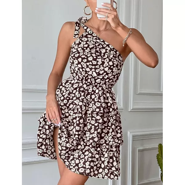 imagePRETTYGARDEN Womens Summer Tie One Shoulder Boho Floral Dress Elastic Waist Tiered Ruffle A Line Flowy Mini DressesCoffee Apricot