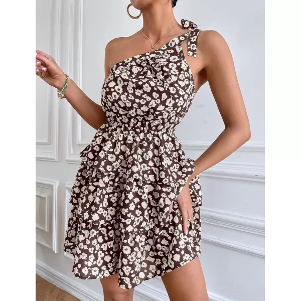 imagePRETTYGARDEN Womens Summer Tie One Shoulder Boho Floral Dress Elastic Waist Tiered Ruffle A Line Flowy Mini DressesCoffee Apricot
