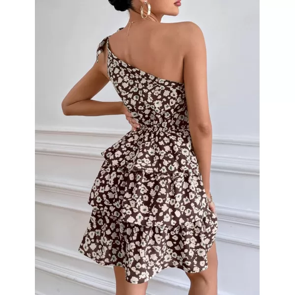 imagePRETTYGARDEN Womens Summer Tie One Shoulder Boho Floral Dress Elastic Waist Tiered Ruffle A Line Flowy Mini DressesCoffee Apricot