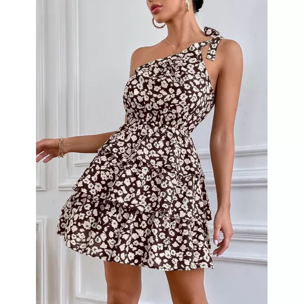 imagePRETTYGARDEN Womens Summer Tie One Shoulder Boho Floral Dress Elastic Waist Tiered Ruffle A Line Flowy Mini DressesCoffee Apricot