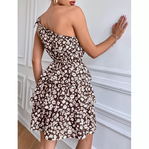 imagePRETTYGARDEN Womens Summer Tie One Shoulder Boho Floral Dress Elastic Waist Tiered Ruffle A Line Flowy Mini DressesCoffee Apricot
