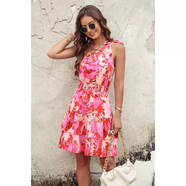 imagePRETTYGARDEN Womens Summer Tie One Shoulder Boho Floral Dress Elastic Waist Tiered Ruffle A Line Flowy Mini DressesPrint Pink