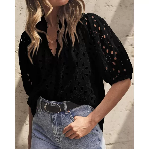 imagePRETTYGARDEN Womens Summer Tops Dressy Casual Short Lantern Sleeve V Neck Buttons Hollow Out Lace Embroidered Blouses ShirtsBlack