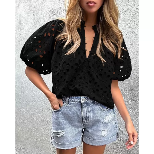 imagePRETTYGARDEN Womens Summer Tops Dressy Casual Short Lantern Sleeve V Neck Buttons Hollow Out Lace Embroidered Blouses ShirtsBlack