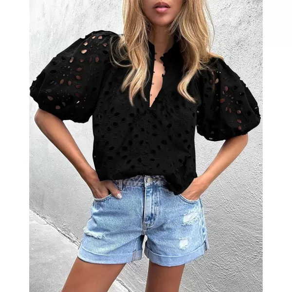 imagePRETTYGARDEN Womens Summer Tops Dressy Casual Short Lantern Sleeve V Neck Buttons Hollow Out Lace Embroidered Blouses ShirtsBlack