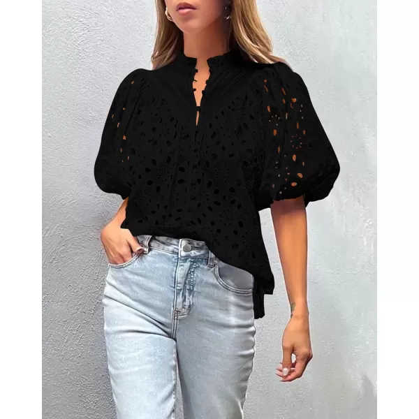 imagePRETTYGARDEN Womens Summer Tops Dressy Casual Short Lantern Sleeve V Neck Buttons Hollow Out Lace Embroidered Blouses ShirtsBlack