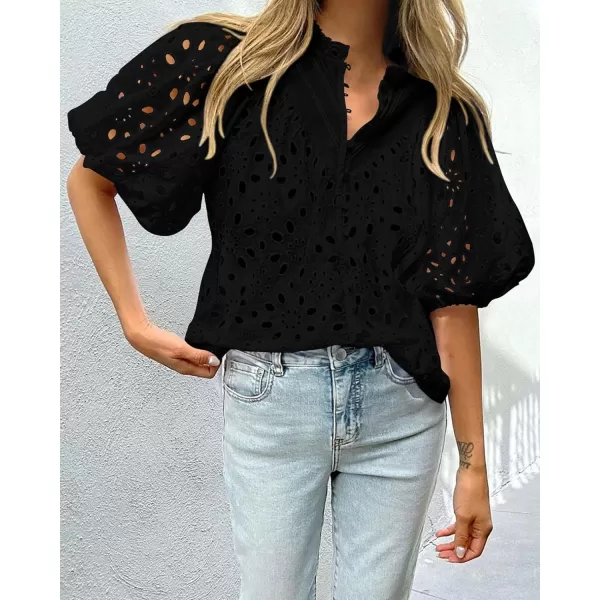 imagePRETTYGARDEN Womens Summer Tops Dressy Casual Short Lantern Sleeve V Neck Buttons Hollow Out Lace Embroidered Blouses ShirtsBlack