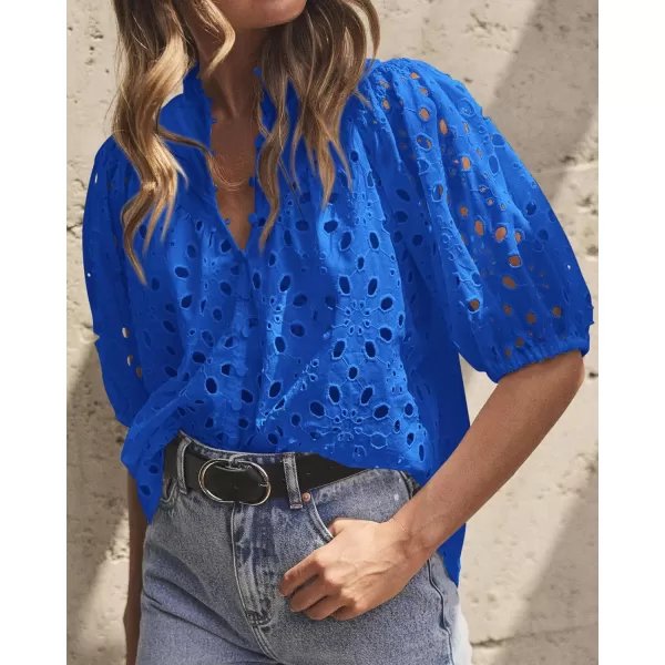 imagePRETTYGARDEN Womens Summer Tops Dressy Casual Short Lantern Sleeve V Neck Buttons Hollow Out Lace Embroidered Blouses ShirtsBlue