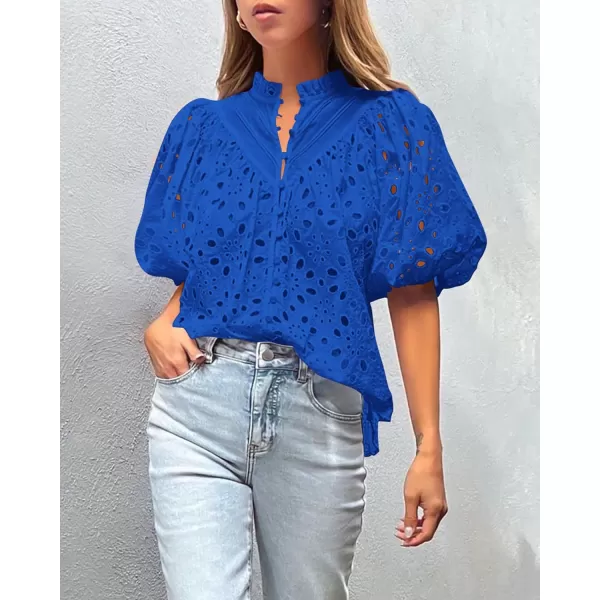 imagePRETTYGARDEN Womens Summer Tops Dressy Casual Short Lantern Sleeve V Neck Buttons Hollow Out Lace Embroidered Blouses ShirtsBlue