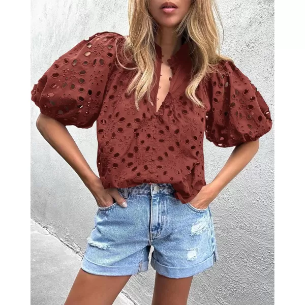 imagePRETTYGARDEN Womens Summer Tops Dressy Casual Short Lantern Sleeve V Neck Buttons Hollow Out Lace Embroidered Blouses ShirtsBrown Red