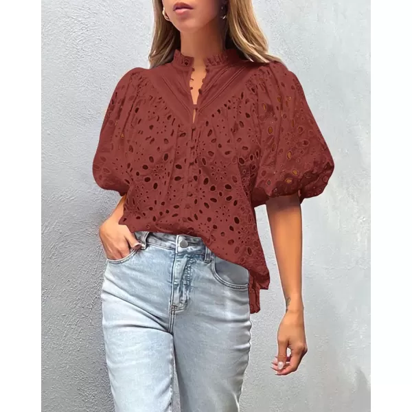 imagePRETTYGARDEN Womens Summer Tops Dressy Casual Short Lantern Sleeve V Neck Buttons Hollow Out Lace Embroidered Blouses ShirtsBrown Red
