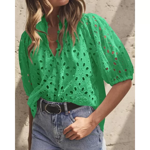 imagePRETTYGARDEN Womens Summer Tops Dressy Casual Short Lantern Sleeve V Neck Buttons Hollow Out Lace Embroidered Blouses ShirtsGreen