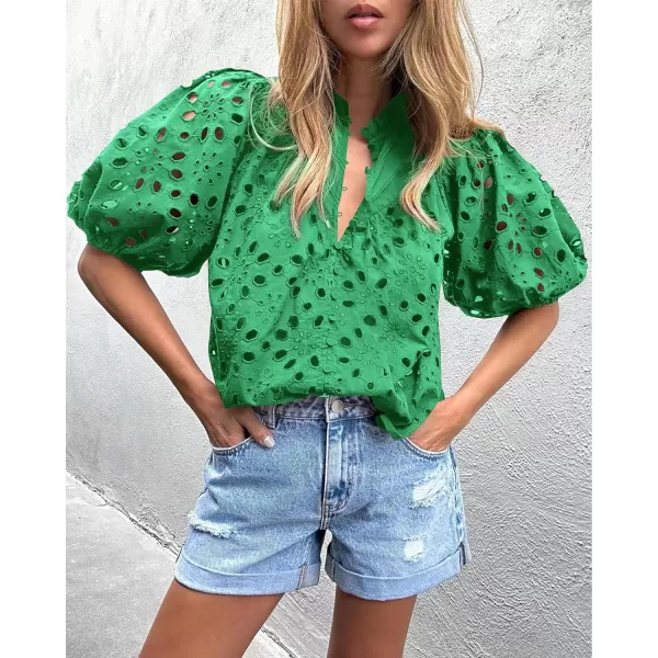 imagePRETTYGARDEN Womens Summer Tops Dressy Casual Short Lantern Sleeve V Neck Buttons Hollow Out Lace Embroidered Blouses ShirtsGreen