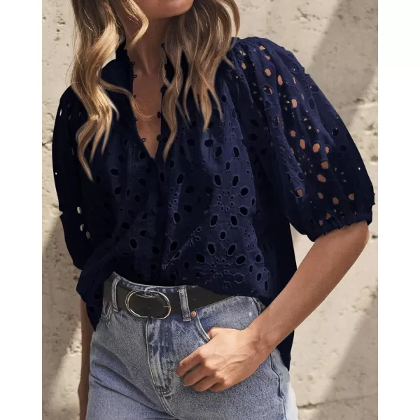 imagePRETTYGARDEN Womens Summer Tops Dressy Casual Short Lantern Sleeve V Neck Buttons Hollow Out Lace Embroidered Blouses ShirtsNavy