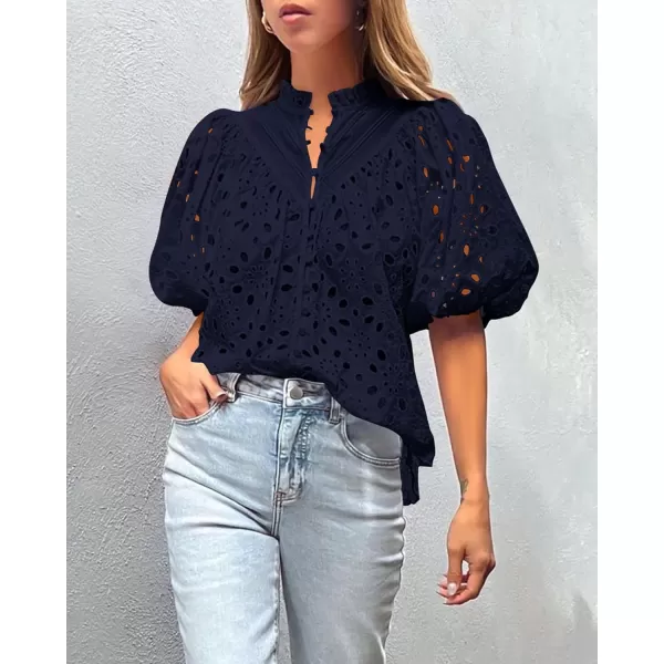 imagePRETTYGARDEN Womens Summer Tops Dressy Casual Short Lantern Sleeve V Neck Buttons Hollow Out Lace Embroidered Blouses ShirtsNavy
