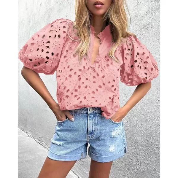 imagePRETTYGARDEN Womens Summer Tops Dressy Casual Short Lantern Sleeve V Neck Buttons Hollow Out Lace Embroidered Blouses ShirtsPink