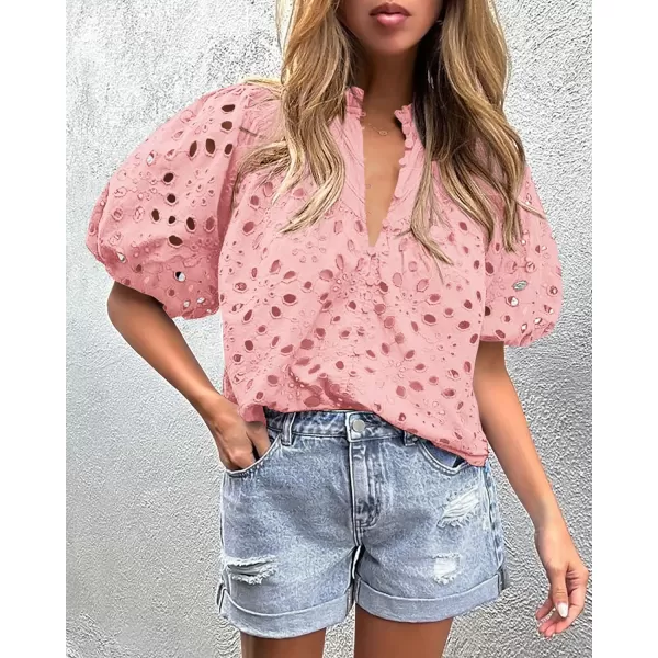 imagePRETTYGARDEN Womens Summer Tops Dressy Casual Short Lantern Sleeve V Neck Buttons Hollow Out Lace Embroidered Blouses ShirtsPink