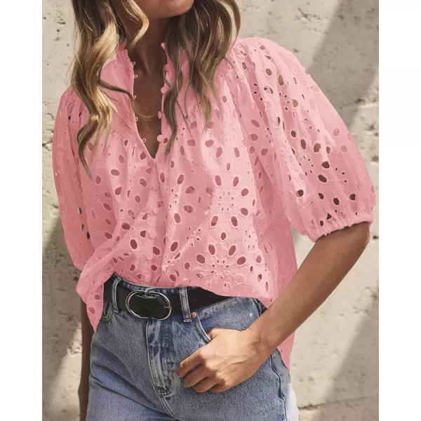 imagePRETTYGARDEN Womens Summer Tops Dressy Casual Short Lantern Sleeve V Neck Buttons Hollow Out Lace Embroidered Blouses ShirtsPink