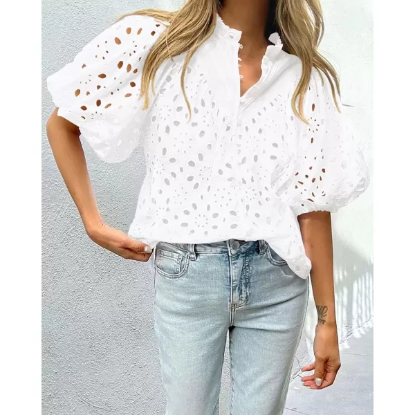 imagePRETTYGARDEN Womens Summer Tops Dressy Casual Short Lantern Sleeve V Neck Buttons Hollow Out Lace Embroidered Blouses ShirtsWhite
