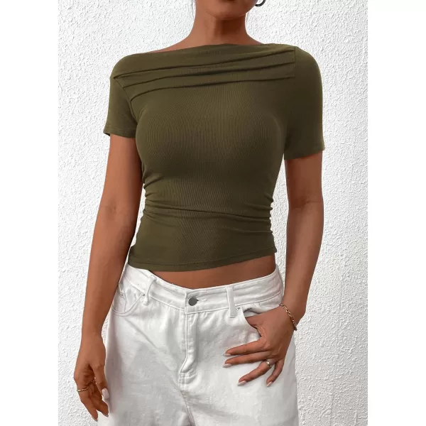 imagePRETTYGARDEN Womens Summer Trendy Y2K Crop Top Tee Casual Short Sleeve Asymmetrical Fitted Going Out T ShirtsArmy Green