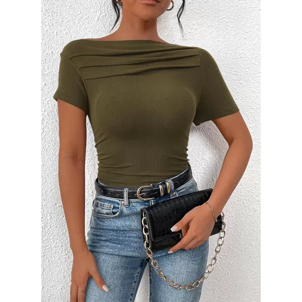 imagePRETTYGARDEN Womens Summer Trendy Y2K Crop Top Tee Casual Short Sleeve Asymmetrical Fitted Going Out T ShirtsArmy Green